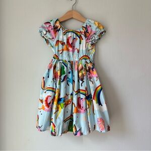 Rainbow Unicorn Fantasy Village Print Puff Sleeve Twirly Dress Size 5